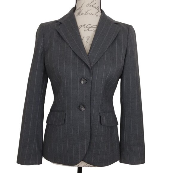 Ann Taylor | Wool Pin Stripe Blazer Jacket Gray Lavender | Size 4P - Picture 1 of 13